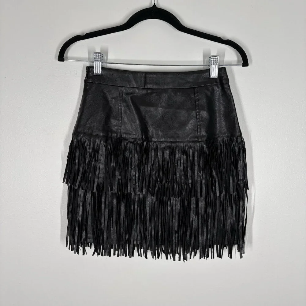 Altar’d State Wmn XS Gothic Grunge Biker Western Vegan Leather Fringe Mini Skirt